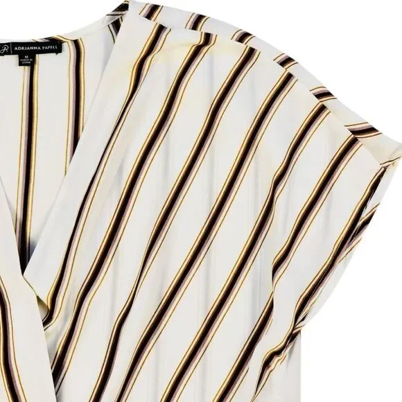 Adrianna Papell Cream Striped V-Neck Wrap Blouse Sz M - Picture 4 of 11
